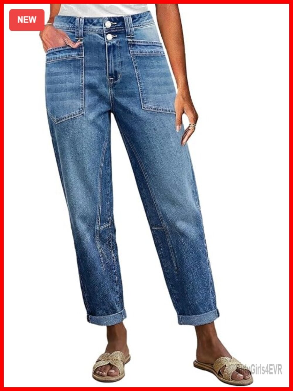 Mid Rise Barrel Leg Crop Jeans Cotton Spandex Dual Button Women's